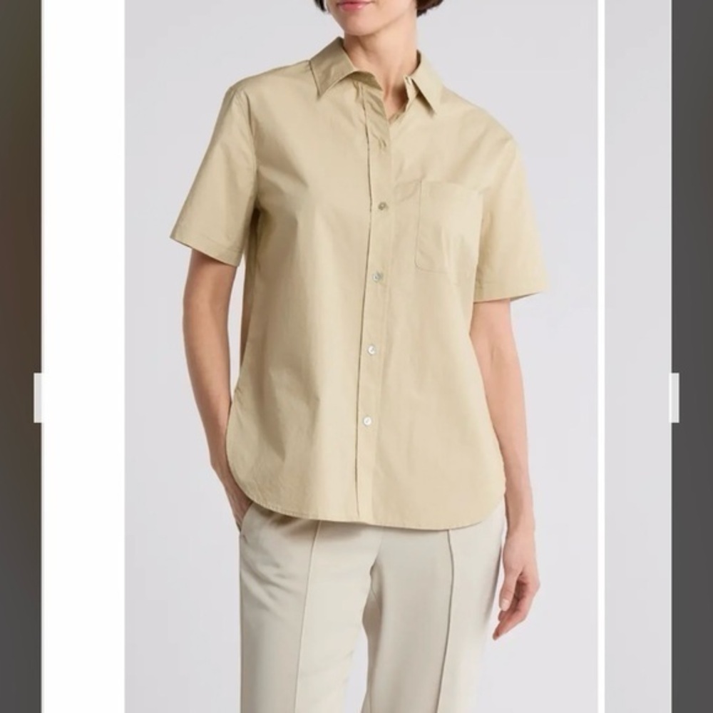 Vince Short Sleeve Cotton Poplin Button-Up Shirt in Sepia Size M